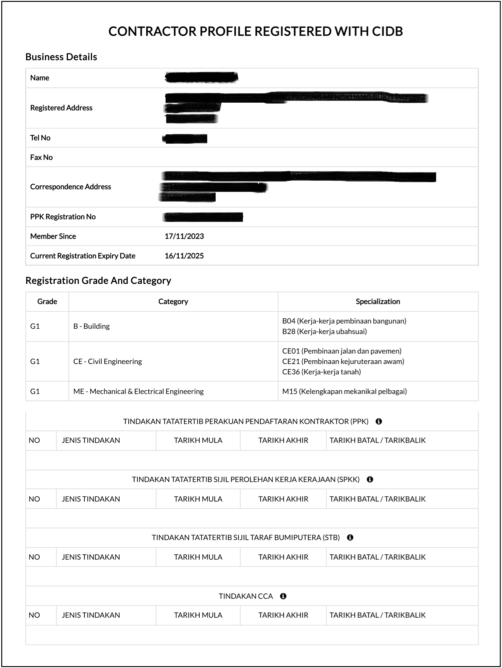 Registered CIDB Contractor View