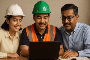 Pekerja kontraktor Malaysia menjalani proses daftar Kad Hijau CIDB 2025 di kaunter rasmi dengan bantuan pegawai CIDB dalam suasana profesional.