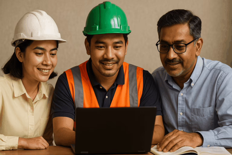 Pekerja kontraktor Malaysia menjalani proses daftar Kad Hijau CIDB 2025 di kaunter rasmi dengan bantuan pegawai CIDB dalam suasana profesional.