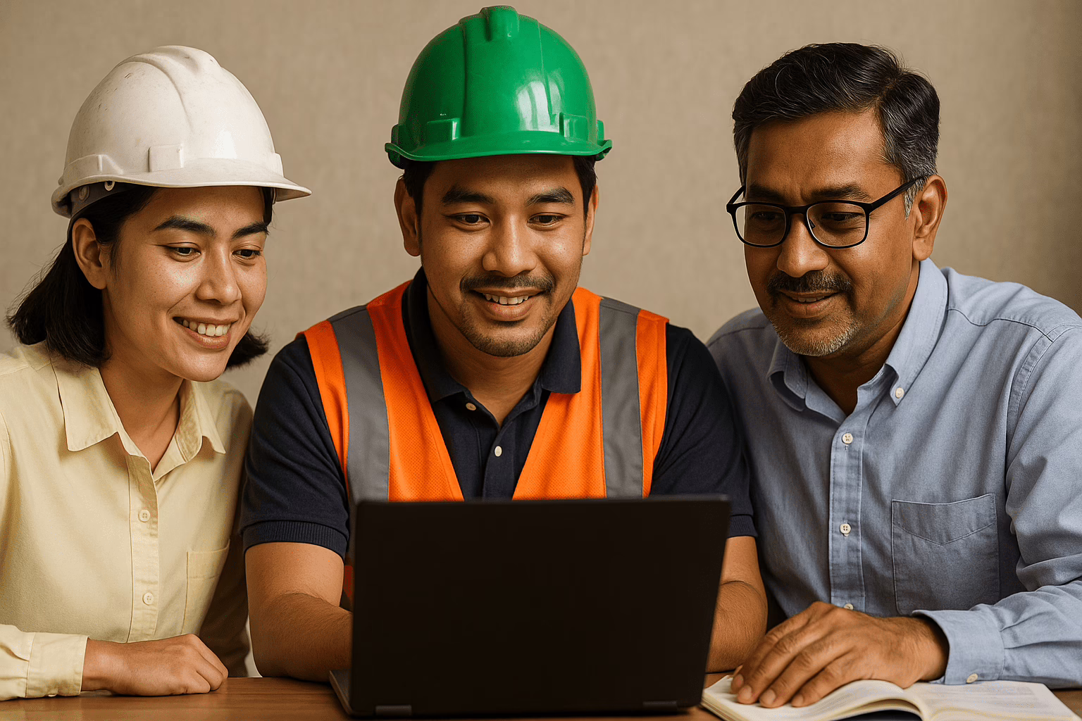 Pekerja kontraktor Malaysia menjalani proses daftar Kad Hijau CIDB 2025 di kaunter rasmi dengan bantuan pegawai CIDB dalam suasana profesional.