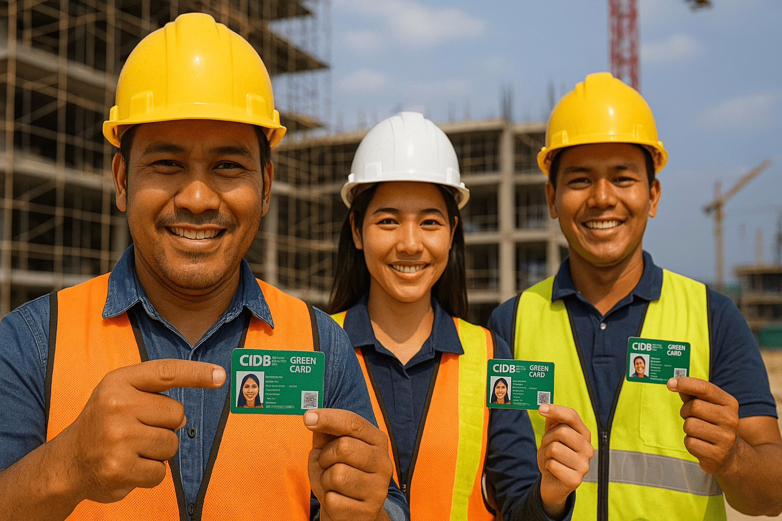 Tiga pekerja kontraktor Malaysia tersenyum sambil menunjukkan Kad Hijau CIDB mereka di tapak binaan